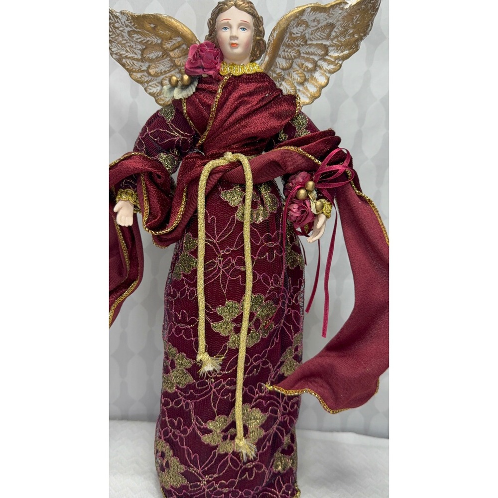Vintage Elegant Angel Figurine Burgundy Gold Lace Rose Wings‎ Christmas Tree top